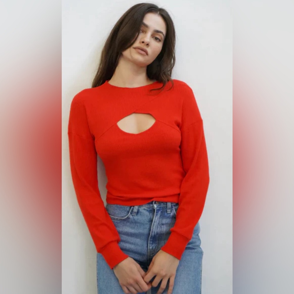 LNA - CORI LONG SLEEVE RIBBED SWEATER PEEKABOO CHEST CUFF WRISTS TOMATO RED 1X